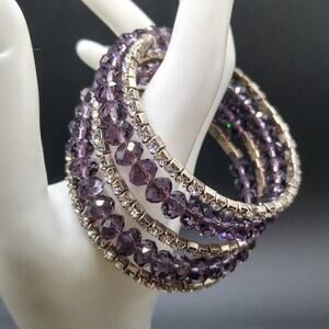 Purple Crystal Bead Clear Rhinestone Wrap Wire Bracelet, Five Layers